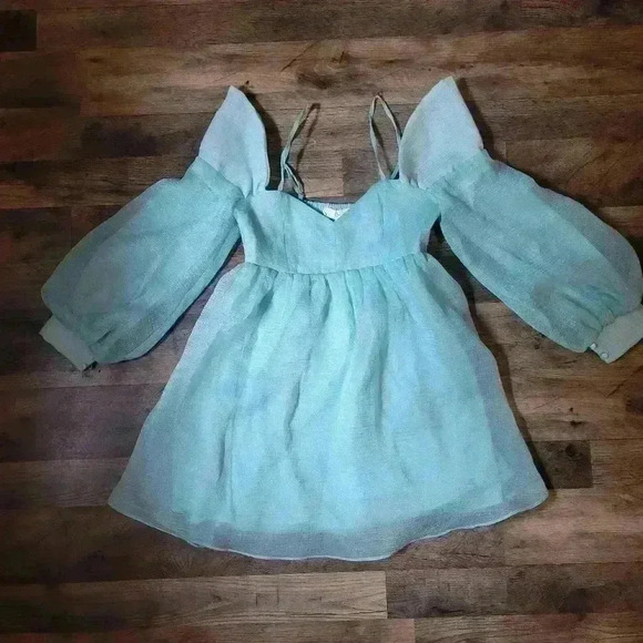 Klesis Mint Babydoll Off-Shoulder Longsleeve Shimmer Dress Size Small - Picture 2 of 9